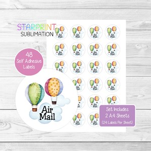 Pegatinas de globo aerostático/correo aéreo, 48 etiquetas redondas (2 hojas A4, 21 por hoja), pegatinas de Happy Mail, sellos para sobres de tarjetas/regalos