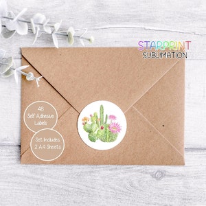 Pegatinas de cactus, 48 etiquetas redondas (2 hojas A4, 24 por hoja), ideales para sellar sobres, regalos y productos hechos a mano.