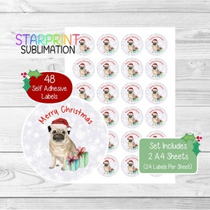 Pegatinas navideñas de perro carlino/sellos para sobres, 48 etiquetas redondas (2 hojas A4, 24 por hoja) para bolsas de fiesta/tarjetas/regalos.