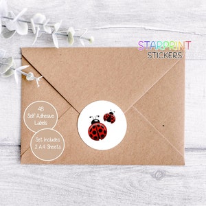 Adesivi a forma di coccinella/insetto, 48 etichette rotonde (2 fogli A4, 24 per foglio), ideali per sigilli di buste/prodotti/bomboniere/sacchetti per feste/biglietti/regali