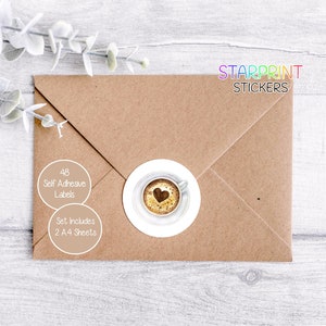 Pegatinas de café, 48 etiquetas redondas (2 hojas A4, 24 por hoja), ideales para sellar sobres, productos caseros y regalos.