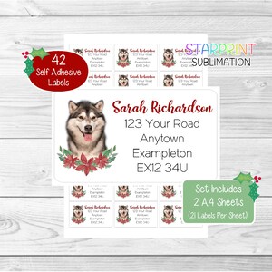 Alaskan Malamute gepersonaliseerde kerstretouradreslabels, 42 zelfklevende stickers - set bevat 2 A4-stickervellen (21 per vel)