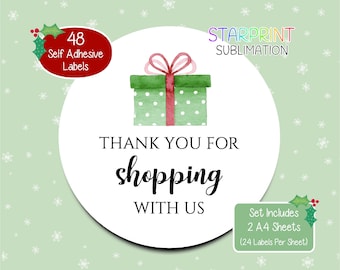 Thank You For Shopping With Us Christmas Stickers, 48 Round Small Business Order Labels (2 A4 Sheets) Ideal For Envelope Seals and Parcels