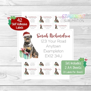Rottweilerhond gepersonaliseerde kerstadreslabels, 42 zelfklevende stickers, inclusief 2 A4-stickervellen (21 per vel)