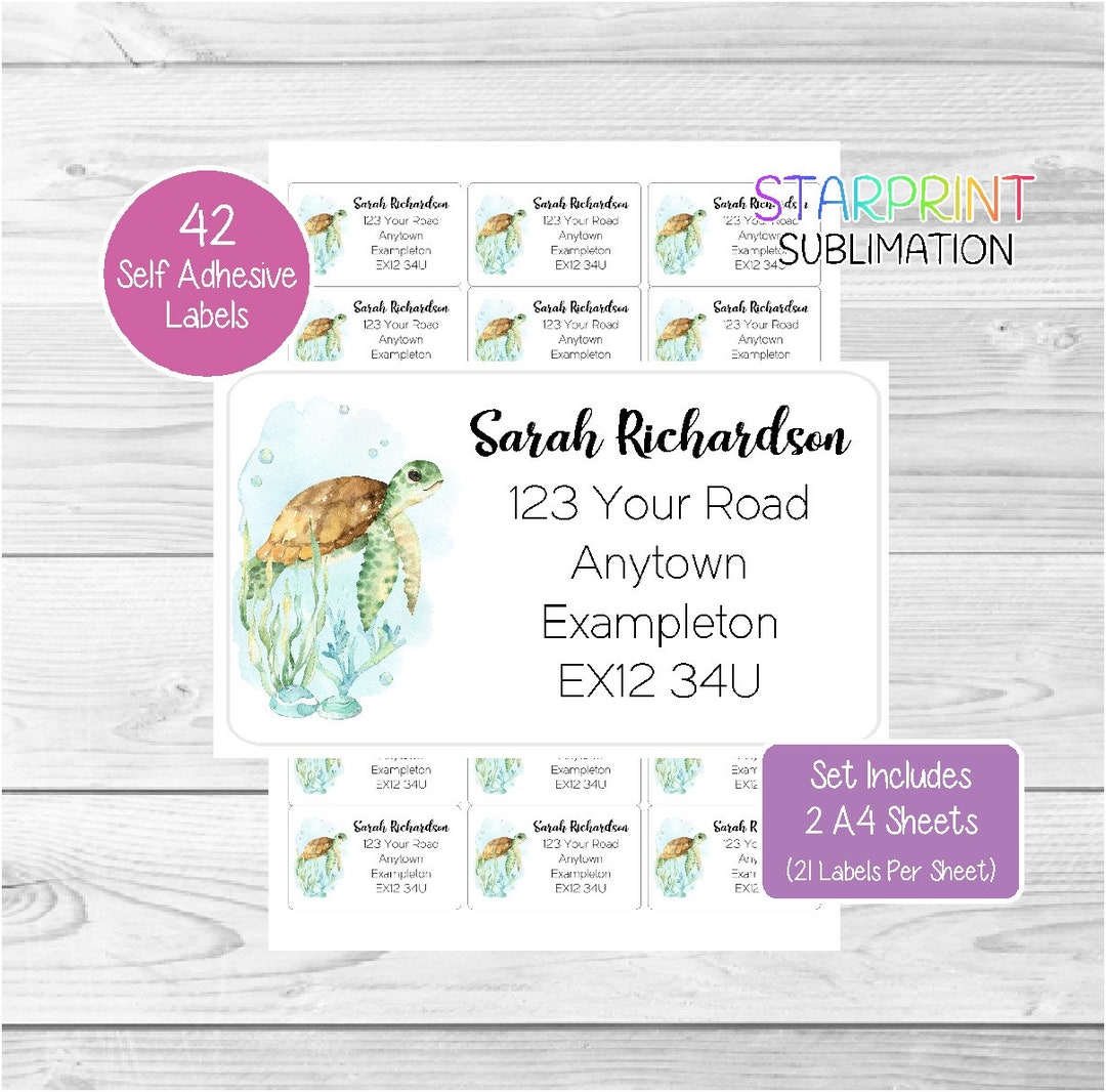 Sea Turtle Address Labels, 42 Custom Return Stickers, Set Includes 2 A4