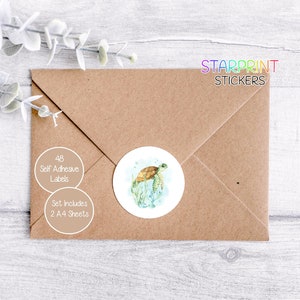 Stickers tortues de mer, 48 étiquettes rondes (2 feuilles A4, 24 par feuille), idéal pour les enveloppes/produits/faveurs/cartes/cadeaux