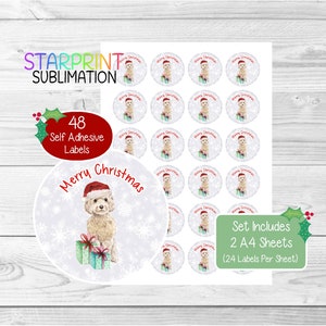 Pegatinas/sellos navideños de Cockapoo (crema, marrón o negro), 48 etiquetas redondas (2 hojas A4, 24 por hoja), para bolsas de fiesta, tarjetas y regalos