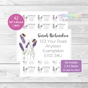 Bee/Bumblebee Lavender Personalised Address Labels, 42 Custom Return Stickers - Lovely Set Includes 2 A4 Sheets (21 per sheet) Presents