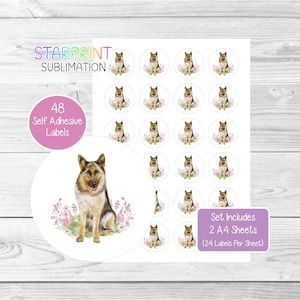 Stickers Duitse herdershond (Elzas), 48 ronde labels (2 A4-vellen, 24 per vel), ideaal voor envelopzegels/Feestzakjes/gunsten/kaarten/cadeaus