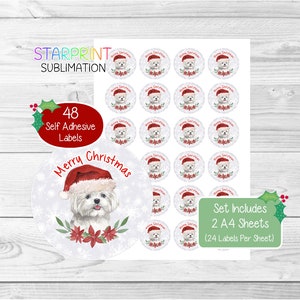 Pegatinas navideñas/sellos para sobres de perro maltés, 48 etiquetas redondas (2 hojas A4, 24 por hoja), para bolsas de fiesta, tarjetas y regalos.