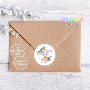 Stickers oiseau rouge-gorge, 48 étiquettes rondes (2 feuilles A4, 24 par feuille), parfaits pour les enveloppes/produits/faveurs/cartes/cadeaux