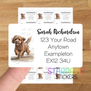 May include: White address labels with a watercolour illustration of a brown dog. The labels display the name "Sarah Richardson" and address details. The text "Starrprint Stickers" is also visible.