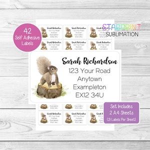 Grey Squirrel Personalised Return Address Labels, 42 Custom Self Adhesive Stickers (2 A4 Sheets, 21 per sheet) Presents Present