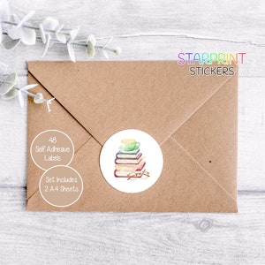 Adesivos de livros de leitura, 48 etiquetas redondas (2 folhas A4, 24 por folha), ótimos para selos de envelopes/produtos caseiros/presentes de aniversário/natal