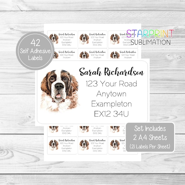 Saint Bernard Dog Personalised Address Labels, 42 Custom Self Adhesive Stickers - Set Includes 2 A4 Sheets (21 per sheet) Presents Present