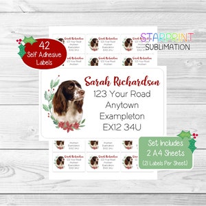 Engelse springerspaniël gepersonaliseerde kerstadreslabels, 42 zelfklevende stickers - set bevat 2 A4-vellen (21 per vel)