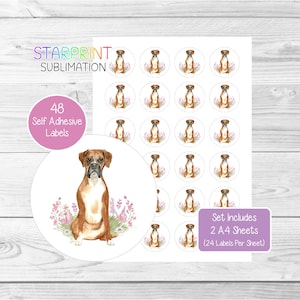 Pegatinas de perro bóxer, 48 etiquetas redondas (2 hojas A4, 24 por hoja), ideales para sellar sobres, bolsas de fiesta, recuerdos, tarjetas y regalos.