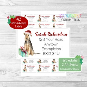 Airedale Terrier gepersonaliseerde kerstadreslabels, 42 zelfklevende stickers - set bevat 2 A4-stickervellen (21 per vel)