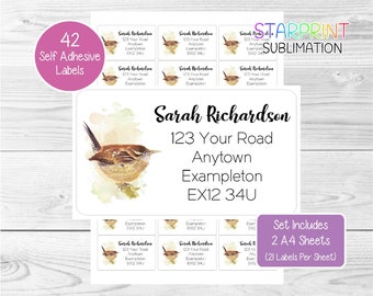 Wren Garden Bird Personalised Return Address Labels, 42 Custom Self Adhesive Stickers, Set Includes 2 A4 Sheets (21 per sheet) Presents