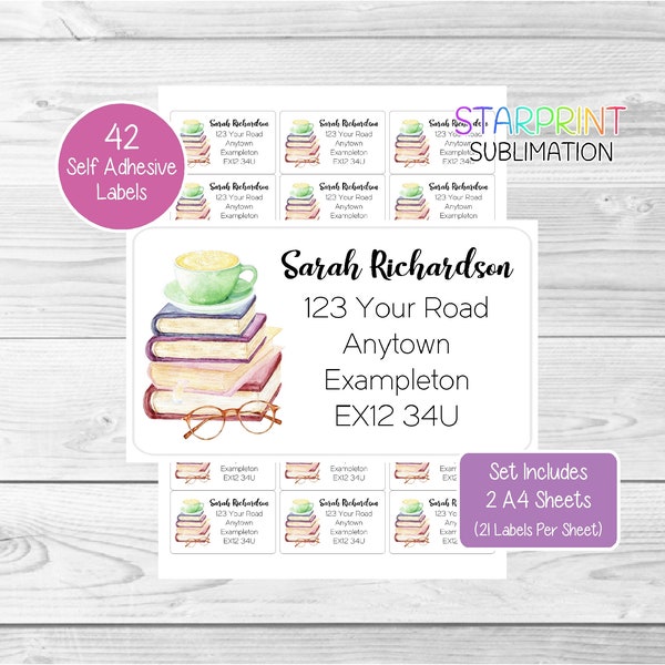 Reading Books Personalised Address Labels, 42 Custom Return Stickers - Lovely Set Includes 2 A4 Sheets (21 per sheet) Presents Present