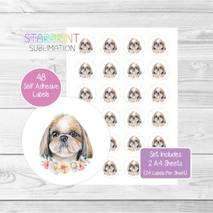 Pegatinas de perro Shih Tzu, 48 etiquetas redondas (2 hojas A4, 24 por hoja), ideales para sellar sobres, bolsas de fiesta, recuerdos, tarjetas y regalos.