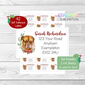 Bordeauxdog gepersonaliseerde kerstadresetiketten, 42 zelfklevende stickers - set bevat 2 A4-stickervellen (21 per vel)