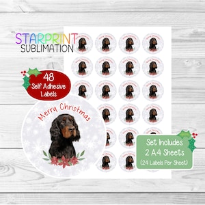 Pegatinas navideñas/sellos para sobres de perro Gordon Setter, 48 etiquetas redondas (2 hojas A4, 24 por hoja), para bolsas de fiesta, tarjetas y regalos.