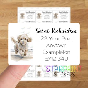 May include: White address labels with a watercolor illustration of a running puppy. The labels include the name "Sarah Richardson" and address details. The bottom right corner of the label has the text "STARPRINT STICKERS".