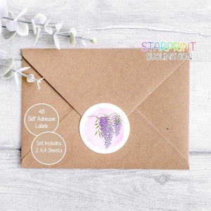 Adesivos de glicínia, 48 etiquetas redondas (2 folhas A4), ótimos para selos de envelope/lembrancinhas de casamento/produtos artesanais/presentes/cartões e convites