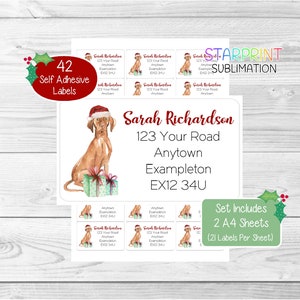 Hongaarse Vizsla gepersonaliseerde kerstretouradreslabels, 42 zelfklevende stickers - set bevat 2 A4-stickervellen (21 per vel)