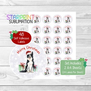 Pegatinas navideñas/sellos para sobres de Border Collie, 48 etiquetas redondas (2 hojas A4, 24 por hoja), para bolsas de fiesta, tarjetas y regalos.