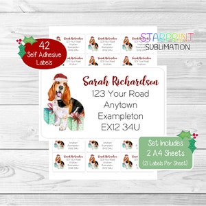Basset Hound gepersonaliseerde kerstretouradreslabels, 42 zelfklevende stickers - set bevat 2 A4-stickervellen (21 per vel)