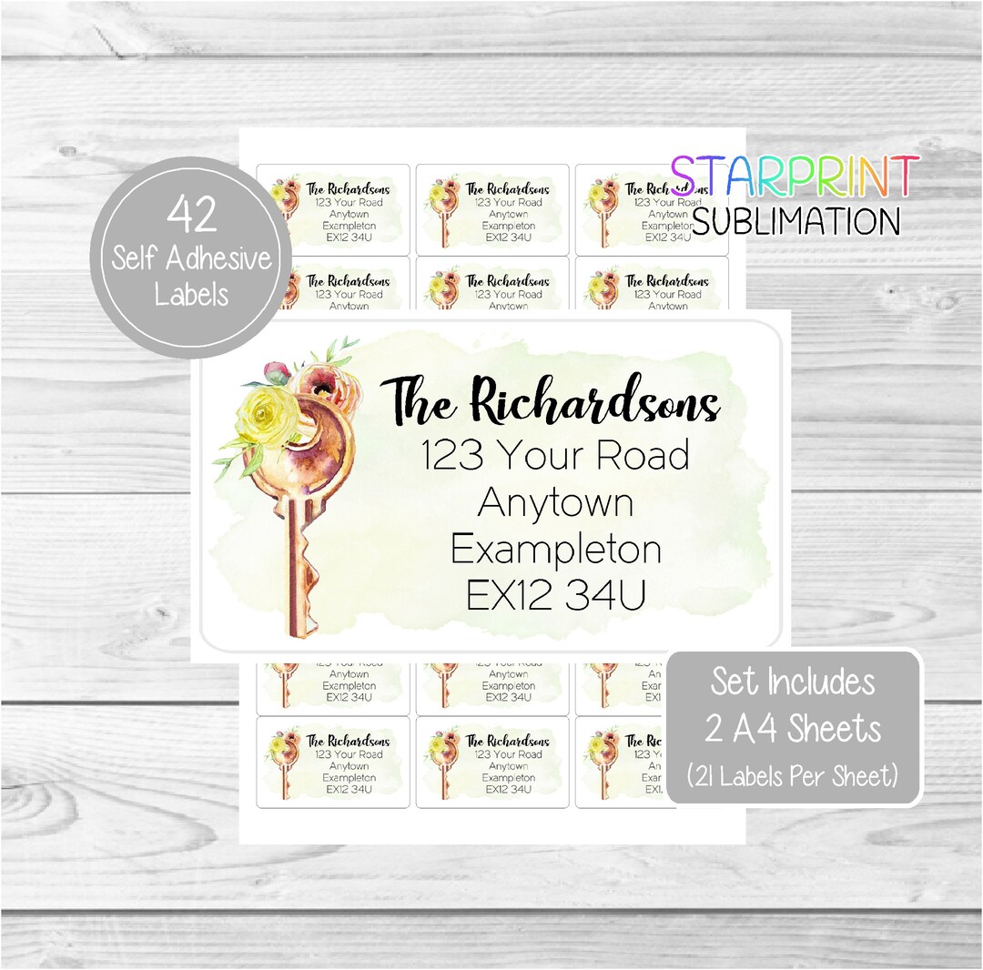 Key Personalised Return Address Labels, 42 Custom Self Adhesive Stickers 2 A4 Sheets, 21 per