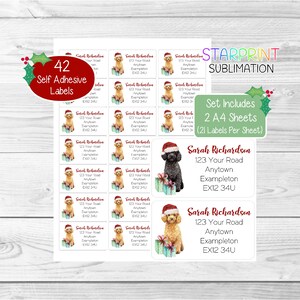 Poedel (abrikoos of zwart) hond gepersonaliseerde kerstretouradreslabels, 42 zelfklevende stickers (2 A4-vellen, 21 labels per vel)