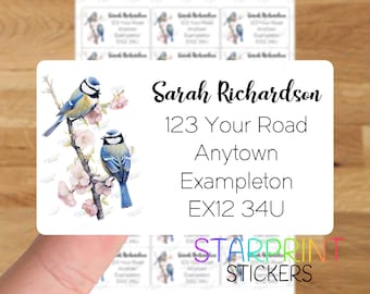 Blue Tits Personalised Address Labels, 21 Custom Self Adhesive Stickers - A4 Sticker Sheet (21 labels per sheet) Watercolour Bird Presents