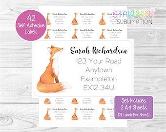 Fox Personalised Address Labels, 42 Custom Return Stickers - Lovely Set Includes 2 A4 Sheets (21 per sheet) - Design 2 Presents Present