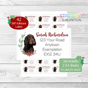 Gordon Setter-hond gepersonaliseerde kerstadreslabels, 42 zelfklevende stickers - set bevat 2 A4-vellen (21 per vel)