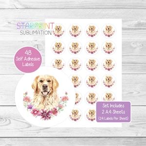 Golden retriever-stickers, 48 ronde etiketten (2 A4-vellen, 24 per vel), ideaal voor envelopzegels/feestzakjes/gunsten/kaarten/cadeaus