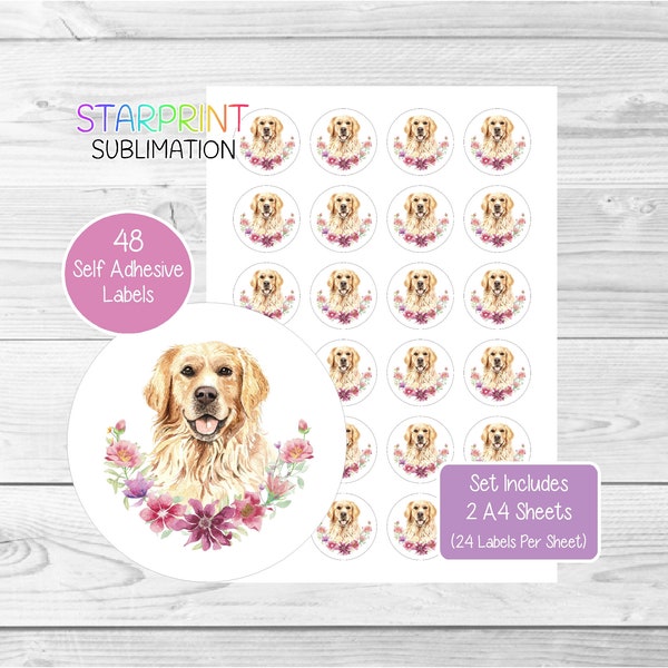 Golden Retriever Dog Stickers, 48 Round Labels (2 A4 Sheets, 24 Per Sheet), Great For Envelope Seals/Party Bags/Favors/Cards/Gifts Presents