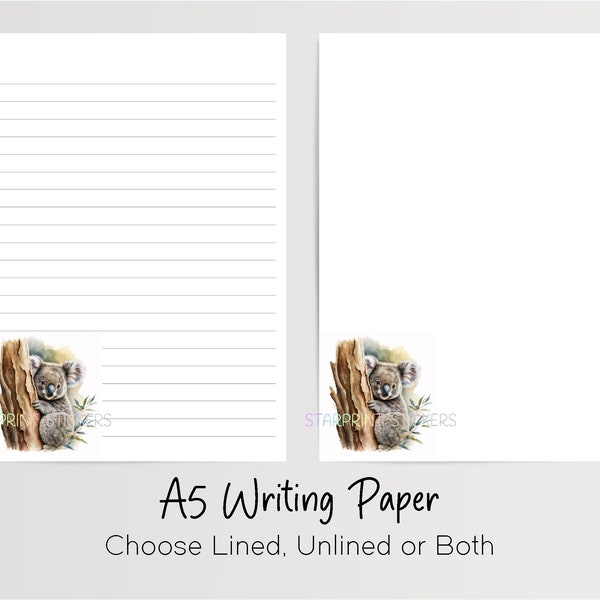 Koala A5 Writing Paper, 10 Sheets Lined/Unlined, with/without Envelopes, Lovely Note Paper, Penpal Stationery, Wildlife Letter Writing Set