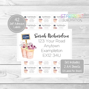 May include: A set of 42 self-adhesive labels featuring a watercolor illustration of two flower pots with pink flowers. The labels are designed for use with a home address and include the text "Sarah Richardson, 123 Your Road, Anytown Exampleton EX12 34U". The set includes two A4 sheets with 21 labels per sheet.