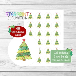 Christmas Tree Stickers/Envelope Seals, 48 Round Labels (2 A4 Sheets, 24 Per Sheet), Great For Cards/Gifts/Labelling Products Presents