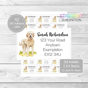 Goldendoodle Dog Personalised Address Labels, 42 Custom Self Adhesive Stickers - Set Includes 2 A4 Sticker Sheets (21 per sheet) Presents