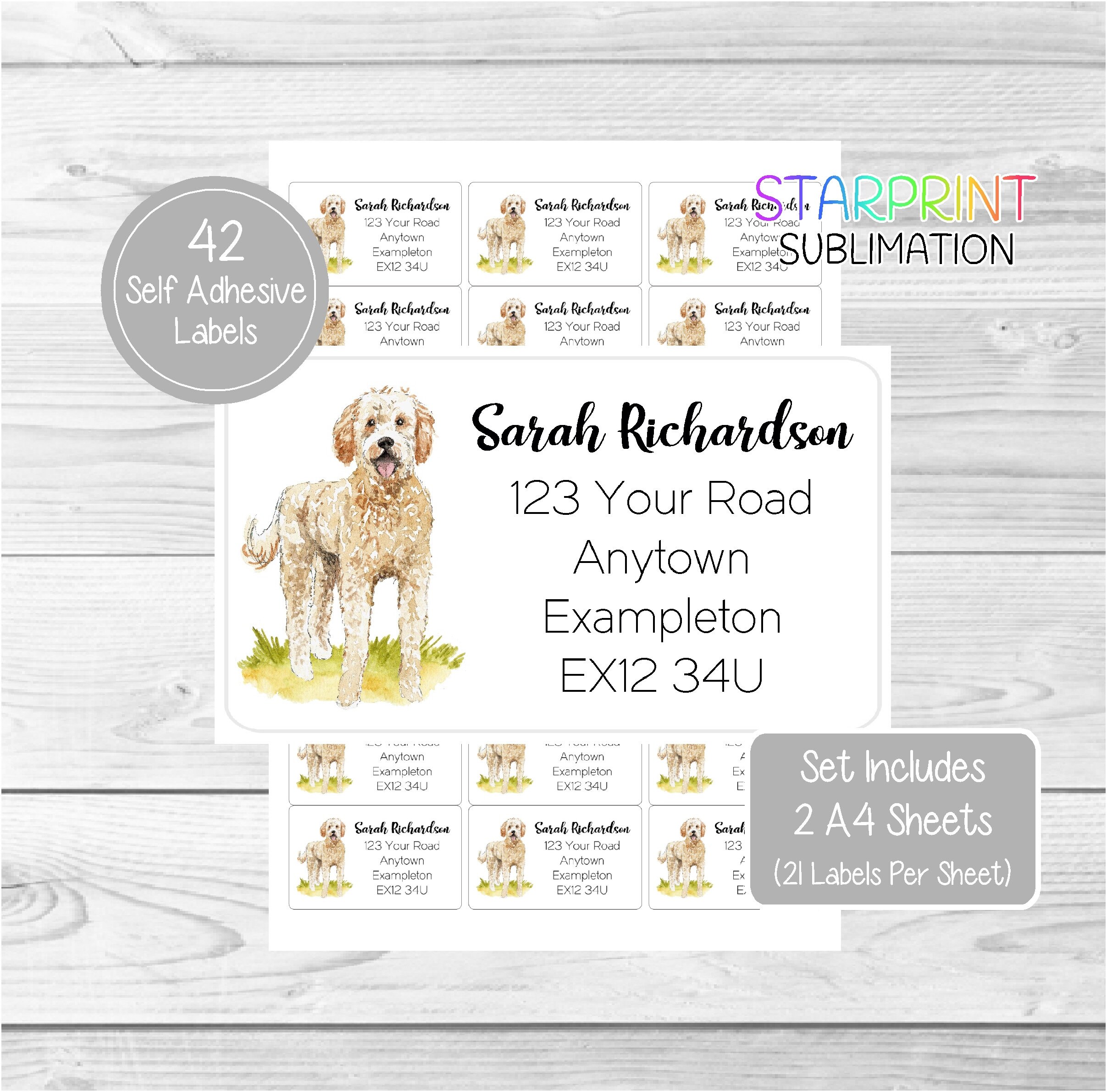 Goldendoodle Dog Personalised Address Labels, 42 Custom Self Adhesive Stickers - Set Includes 2 A4 Sticker Sheets (21 per sheet)