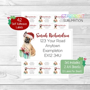 Franse bulldog gepersonaliseerde kerstretouradreslabels, 42 zelfklevende frenchiestickers - set bevat 2 A4-vellen (21 per vel)