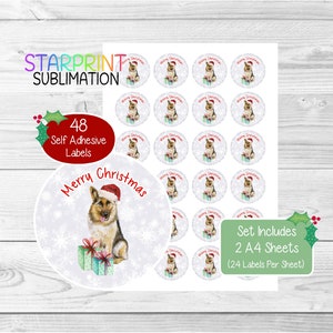 Pegatinas navideñas/sellos para sobres de pastor alemán/alsaciano, 48 etiquetas redondas (2 hojas A4, 24 por hoja), para bolsas de fiesta, tarjetas y regalos