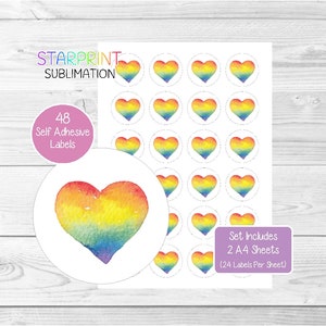 Stickers regenbooghart, 48 ronde labels (2 A4-vellen, 24 per vel), leuke Happy Mail-stickers, envelopzegels/Feestzakjes/gunsten/kaarten/cadeaus