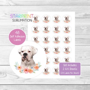 Pegatinas de perro bóxer (blanco), 48 etiquetas redondas (2 hojas A4, 24 por hoja), ideales para sellar sobres, bolsas de fiesta, recuerdos, tarjetas y regalos.