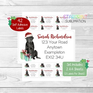 Labrador retriever (zwart) gepersonaliseerde kerstretouradreslabels, 42 zelfklevende hondenstickers - 2 A4-stickervellen (21 per vel)