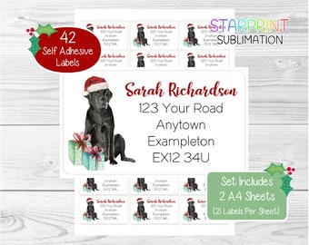 Labrador Retriever (Black) Personalised Christmas Return Address Labels, 42 Self Adhesive Dog Stickers - 2 A4 Sticker Sheets (21 per sheet)